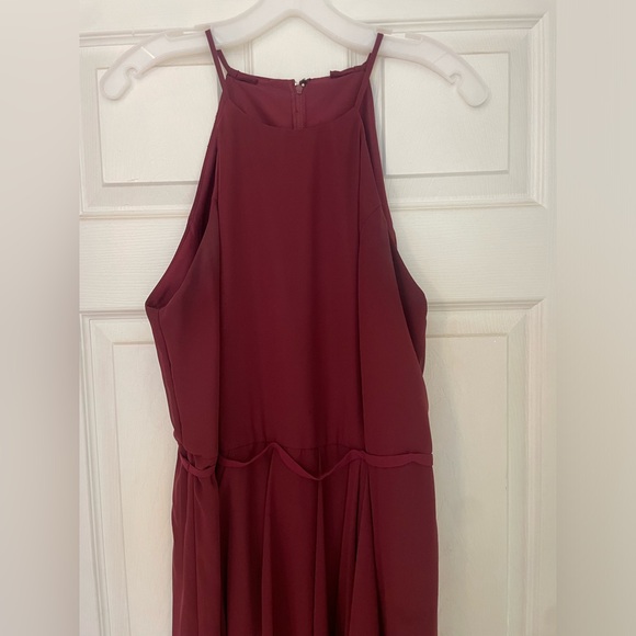 Wine Colored David’s Bridal Dress high-neck chiffon dress with cascade - Picture 5 of 8